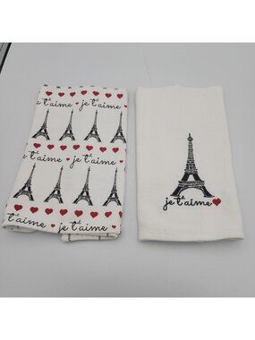 Eiffel Tower Hearts Set 2 Kitchen Cotton Hand Towels Je T'Aime White Black Red